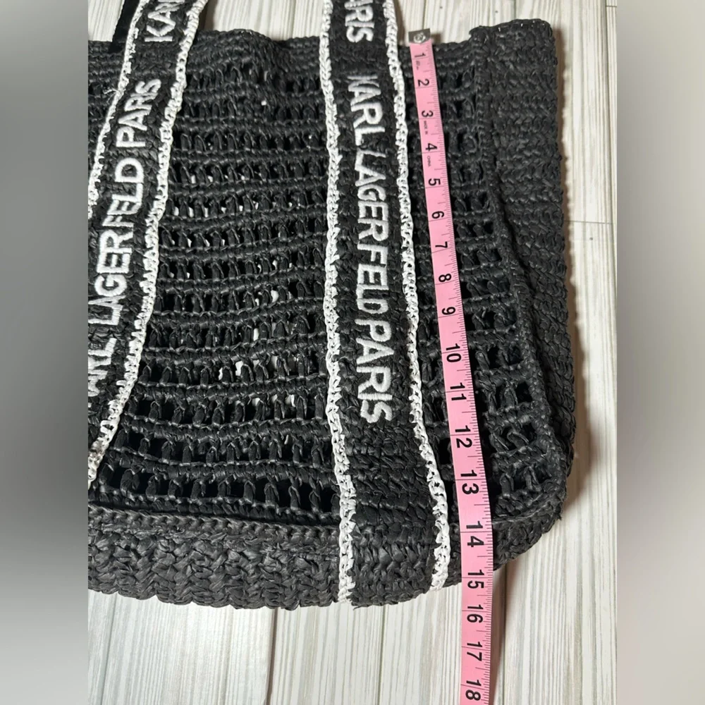 Karl Lagerfeld Paris Antibes Black Woven Straw Tote Bag Logo Straps - Picture 6 of 7